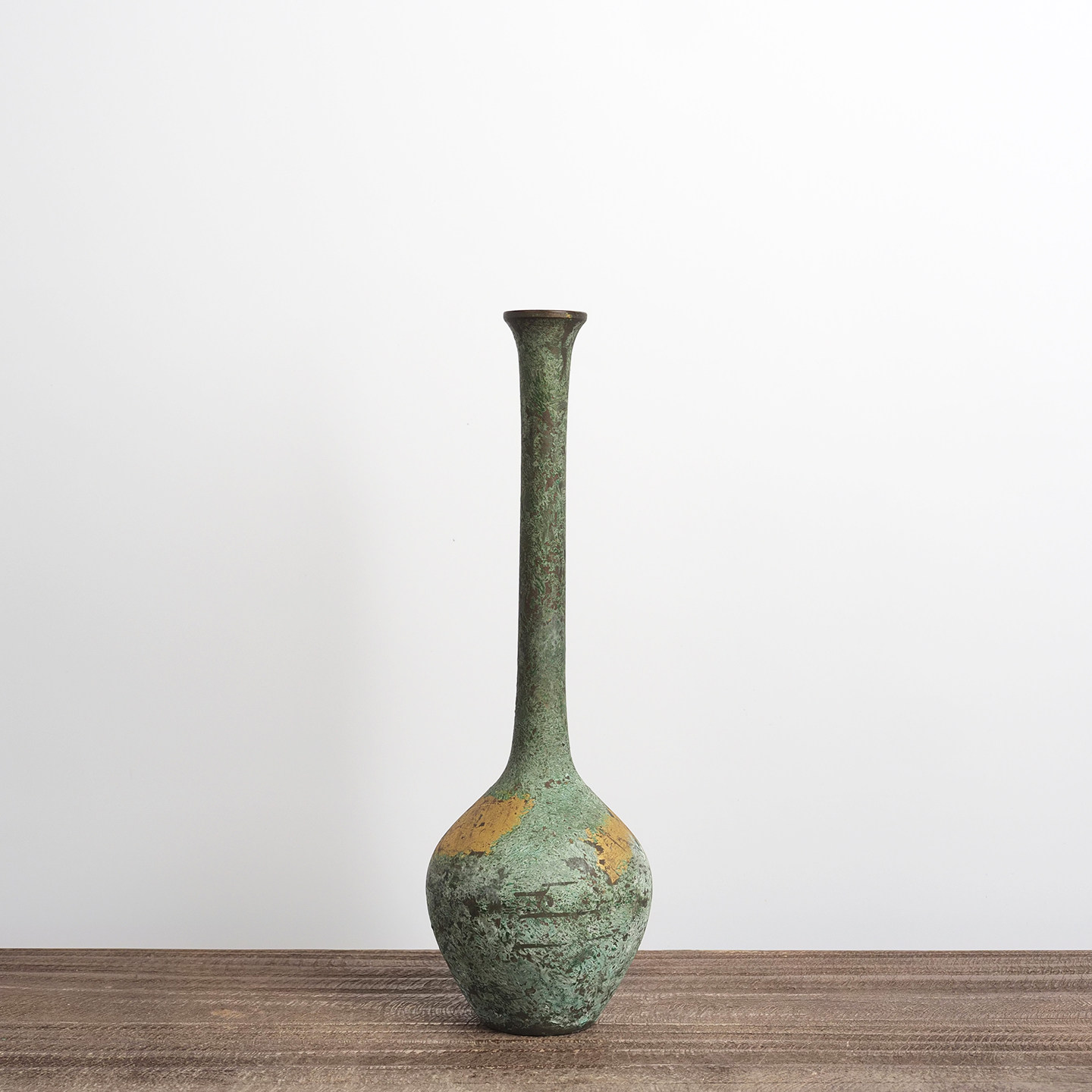 中古日本铸铜花瓶金箔贴绘鹤首长颈餐厅民宿样板间插花装饰摆件