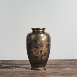 日本回流老物件铜花瓶手工雕刻花鸟牡丹纹家居会所茶空间民宿插花