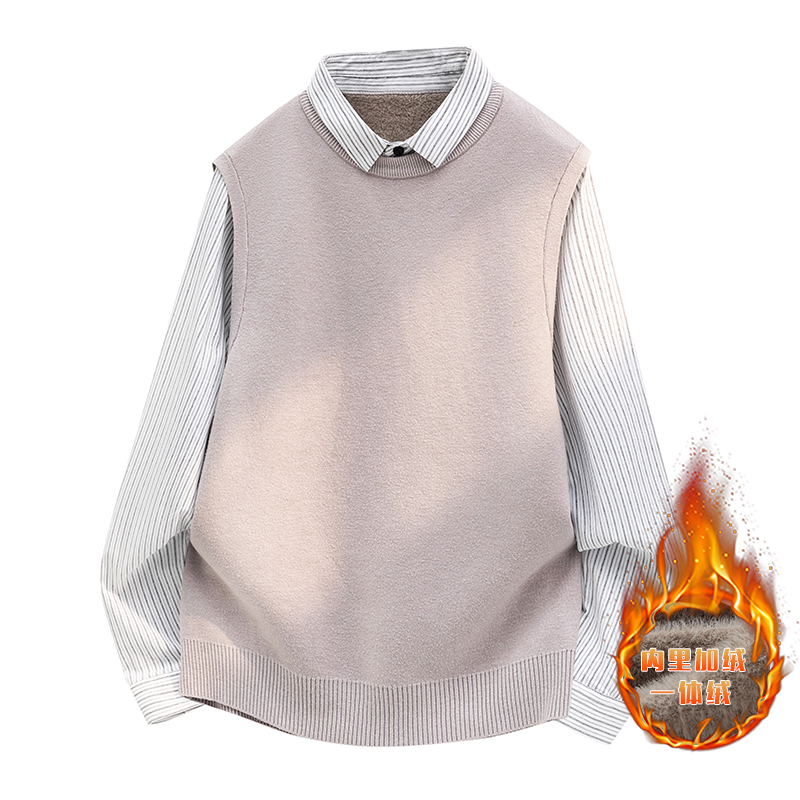 冬季加绒加厚打底针织衫男孩12学生14岁青少年16假两件衬衫领毛衣