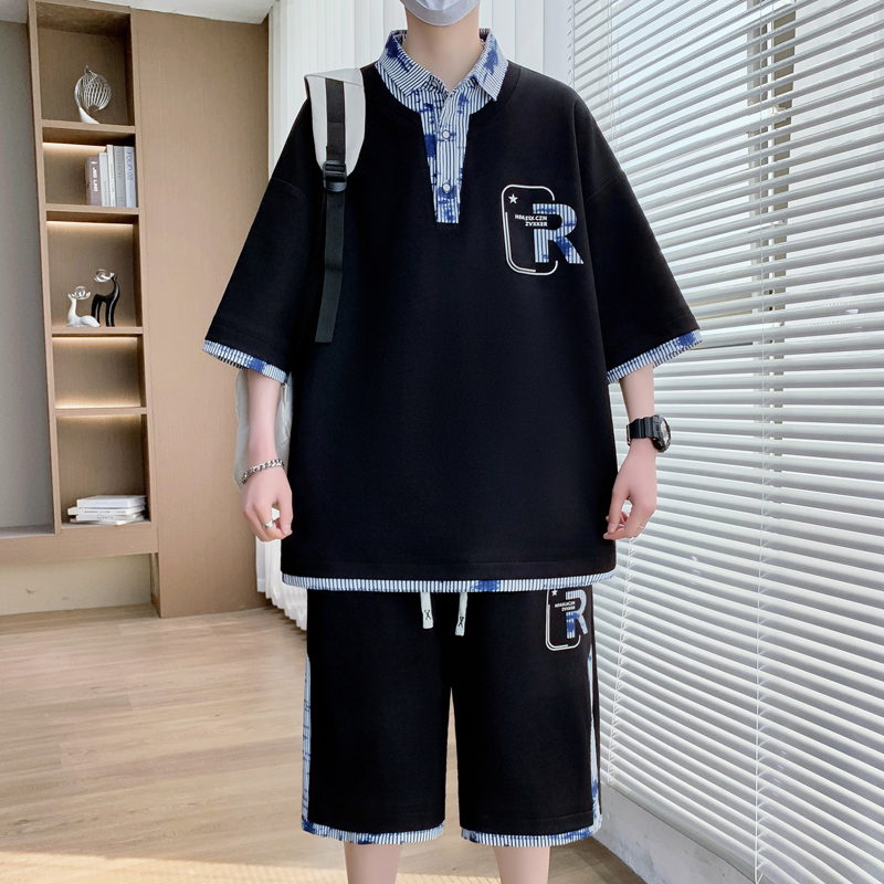 青少年潮流翻领短袖t恤男孩12-15岁初中学生13大童14半袖体恤套装