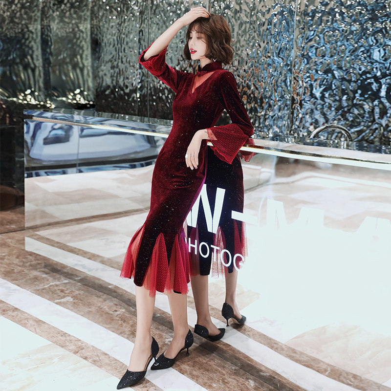 丝绒旗袍改良连衣裙秋冬长袖性感鱼尾红色敬酒服修身礼服年轻少女