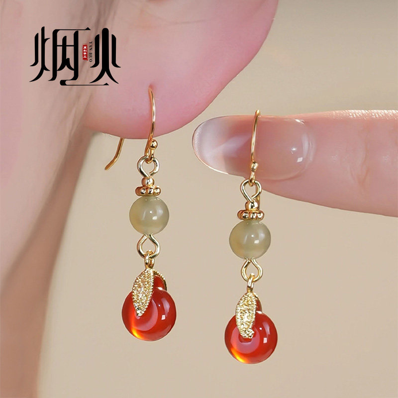 红玛瑙耳饰女新中式国风旗袍新娘结婚耳环古风平安扣耳坠新款气质