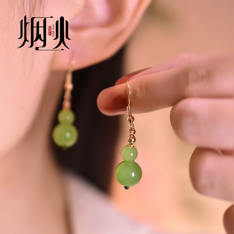 果绿色耳环中国风简约原创设计森系复古风耳坠女配旗袍汉服耳饰品