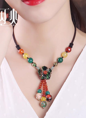 复古民族风项链女小众设计感琉璃花朵锁骨链挂绳大气配饰吊坠女