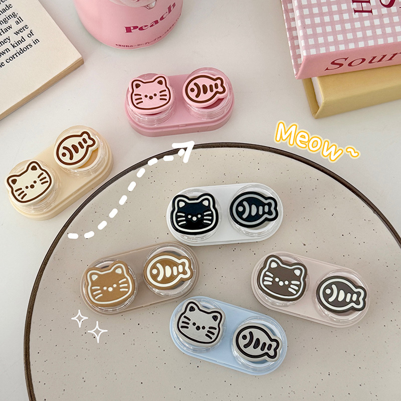 可爱猫鱼抽屉式双层隐形眼镜伴侣盒护理盒收纳盒小巧便携款美瞳盒