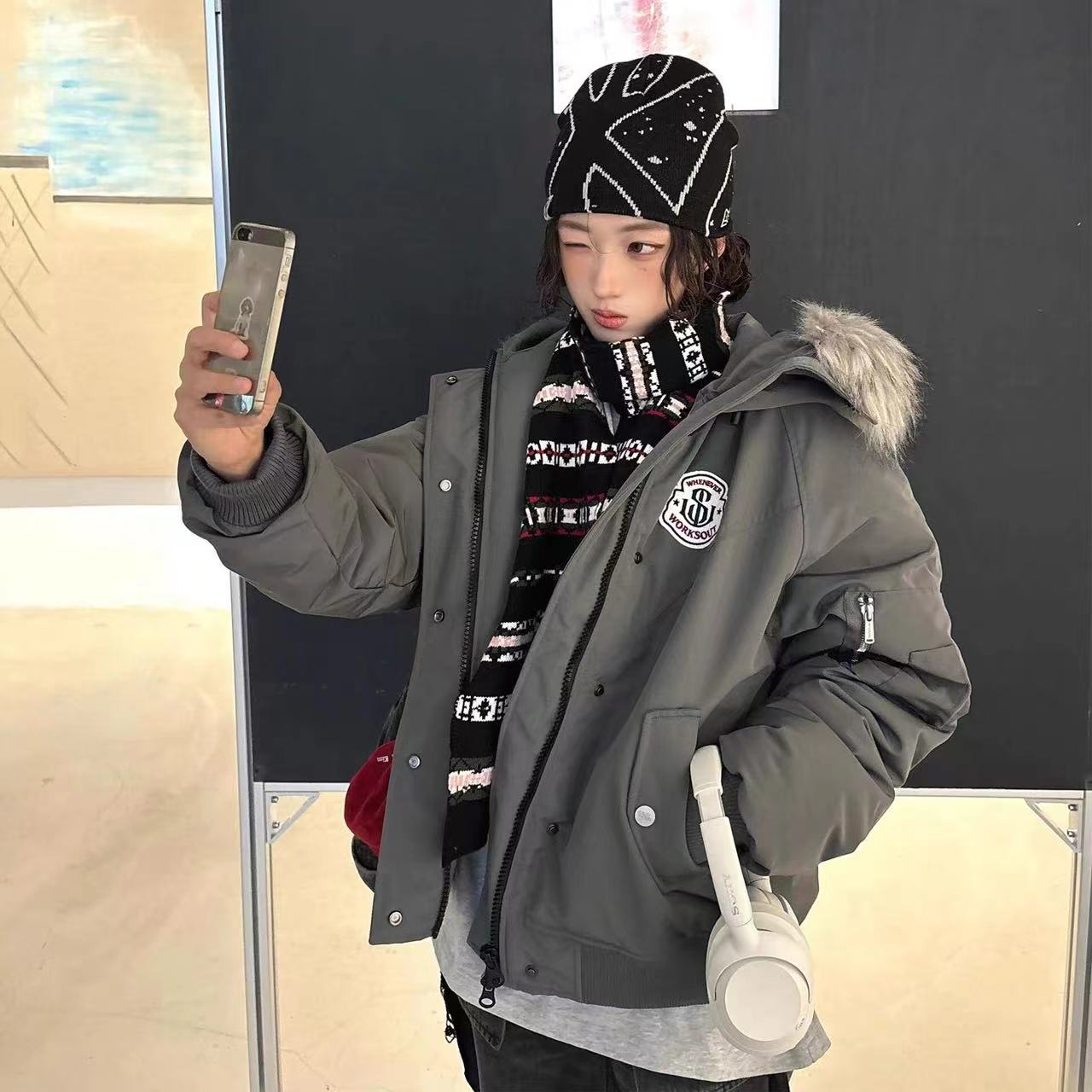 黄子弘凡同款NICEBAD原WORKSOUT连帽毛领派克羽绒棉服复古保暖