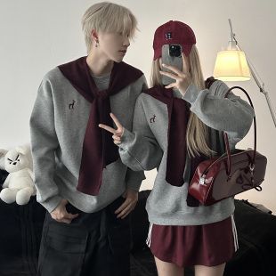 实拍情侣装 休闲刺绣男女潮流圆领卫衣休闲裙女套装