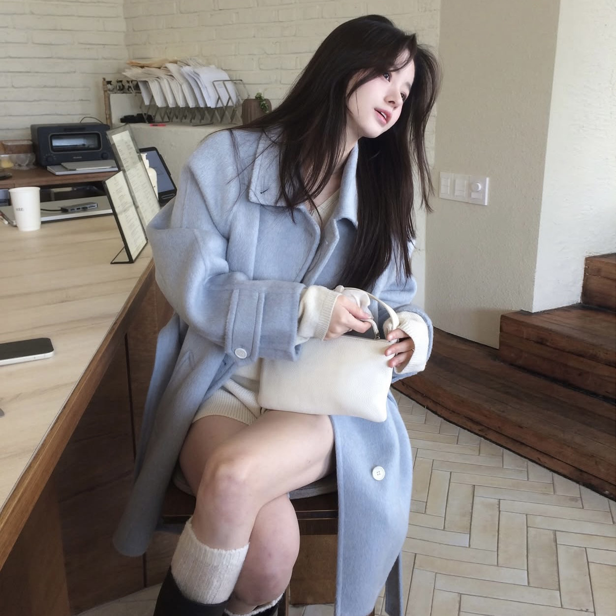 韩系温柔气质优雅百搭翻领系带收腰保暖毛呢外套大衣