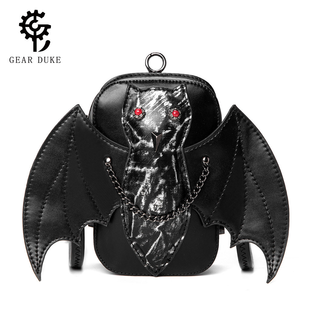 蒸汽朋克摩登中性单肩斜挎包金属链条钉珠蝙蝠穿皮带腰包手机包潮
