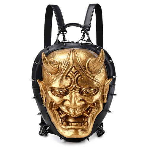 欧美新款暗黑系朋克摩登中性风3D立体鬼头铆钉双肩包机车骑士背包