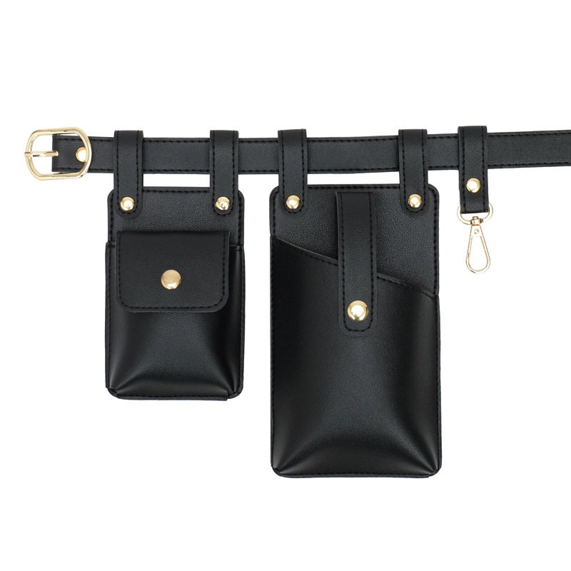 欧美中世纪朋克风男女款高品质铆钉穿皮带铆钉腰包机车骑士手机包