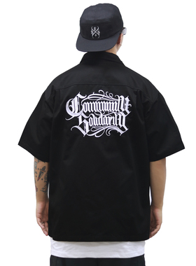 美式西海岸奇卡诺chicano匪帮花体字刺绣宽松大码短袖工装衬衫