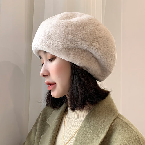 日韩系复古整皮獭兔毛皮草贝雷帽