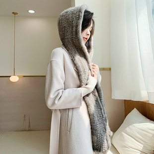 水貂毛编织皮草风雪帽户外冬季保暖围巾帽子连一体裘皮帽男女同款