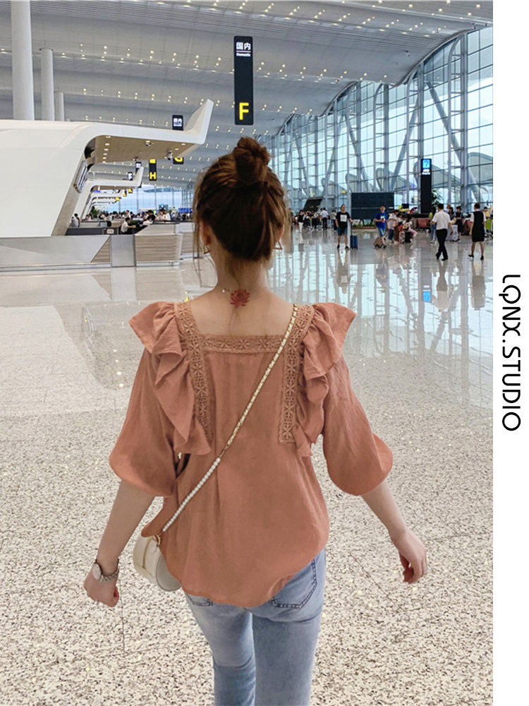 FRENCH VINTAGE COTTON LINEN SHIRT WOMENS 2023 NEW SUMMER LOOSE KOREAN VERSION HALF SLEEVE RUFFLED BABYDOLL TOP