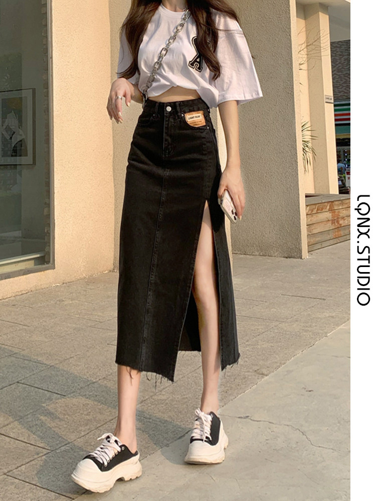 HIGH-WAISTED THIN DENIM SKIRT WOMENS 2024 NEW SUMMER HIP SLIT SHOWS A HIGH AND MEDIUM LENGTH SKIRT
