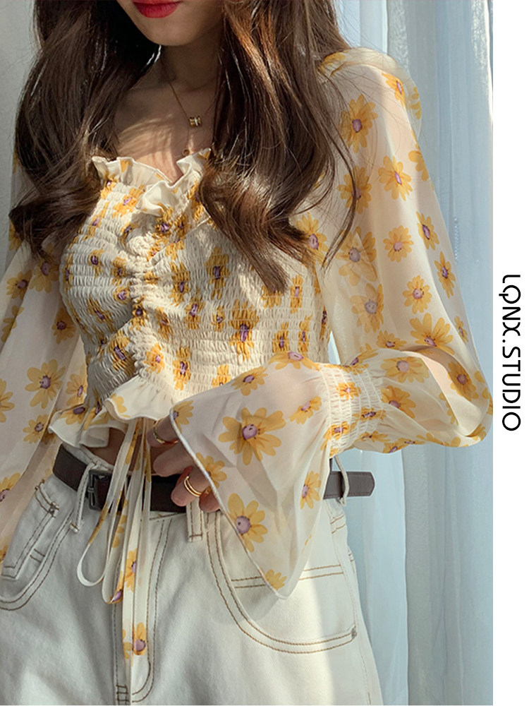 CROPPED SQUARE NECK FRENCH VINTAGE FLORAL TOP WOMENS SUMMER 2023 STRAIGHT SHOULDER SUNSCREEN SHIRT SLIM FIT CHIFFON TREND