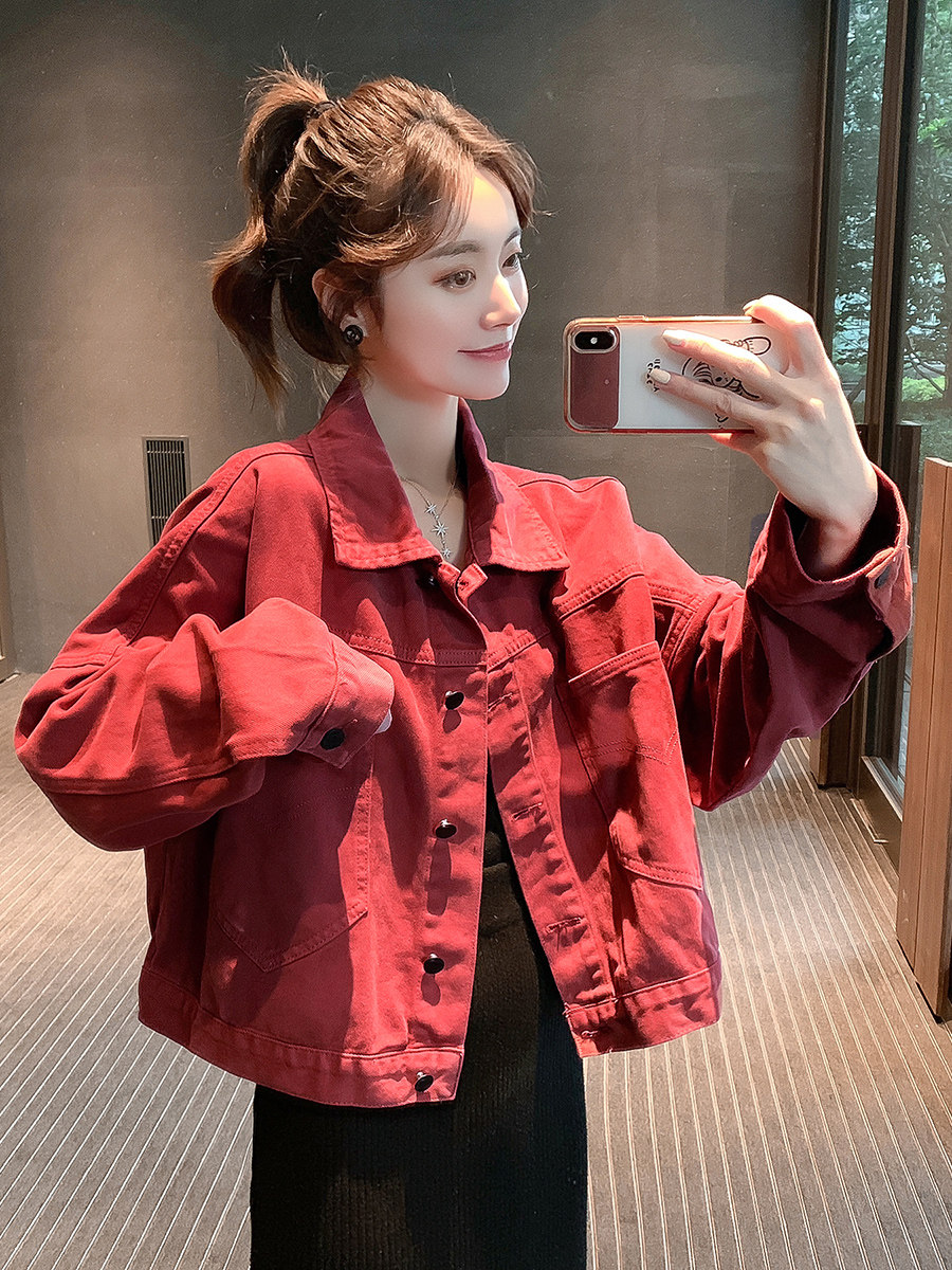 2024 AUTUMN NEW SALT DENIM SHORT JACKET WOMENS LOOSE SLIM AGE REDUCTION LONG SLEEVE RED JACKET TREND