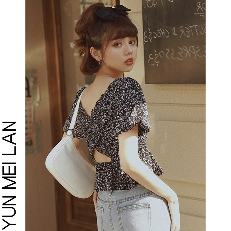 2024 NEW SUMMER FRENCH RETRO CROPPED CHIFFON SHIRT WOMENS DESIGN SENSE NICHE FLORAL SQUARE NECK SHORT SLEEVE TOP