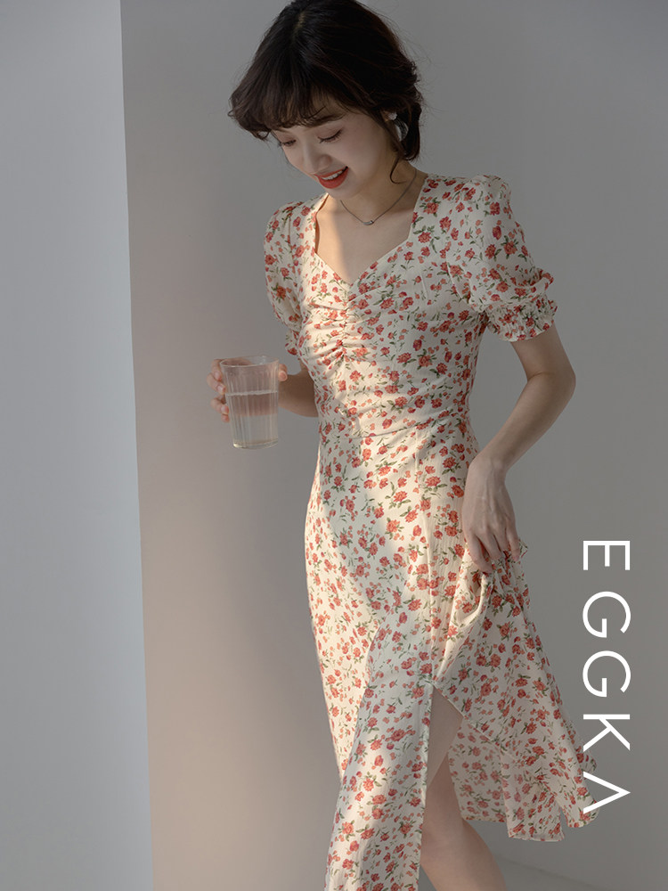 FRENCH PUFF SLEEVE FLORAL DRESS GODDESS FAN 2023 NEW SUMMER SMALL MAN SHORT SLEEVE SLIT MIDI SKIRT