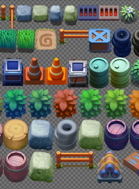 小游戏H5参考设计正45度 格子方块场景栅栏组件障碍 手游游戏素材