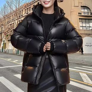 黑金羽绒服女款女冬装短款韩版连帽鸭绒极寒断码高级感高充绒量