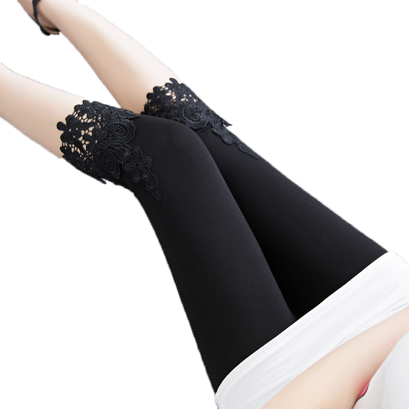 莫代尔棉七分裤女夏天薄款打底裤可外穿紧身蕾丝显瘦大码7分黑色
