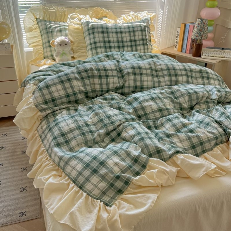 复古风韩版格子花边水洗棉四件套床上用品被套床单被罩三件套床笠
