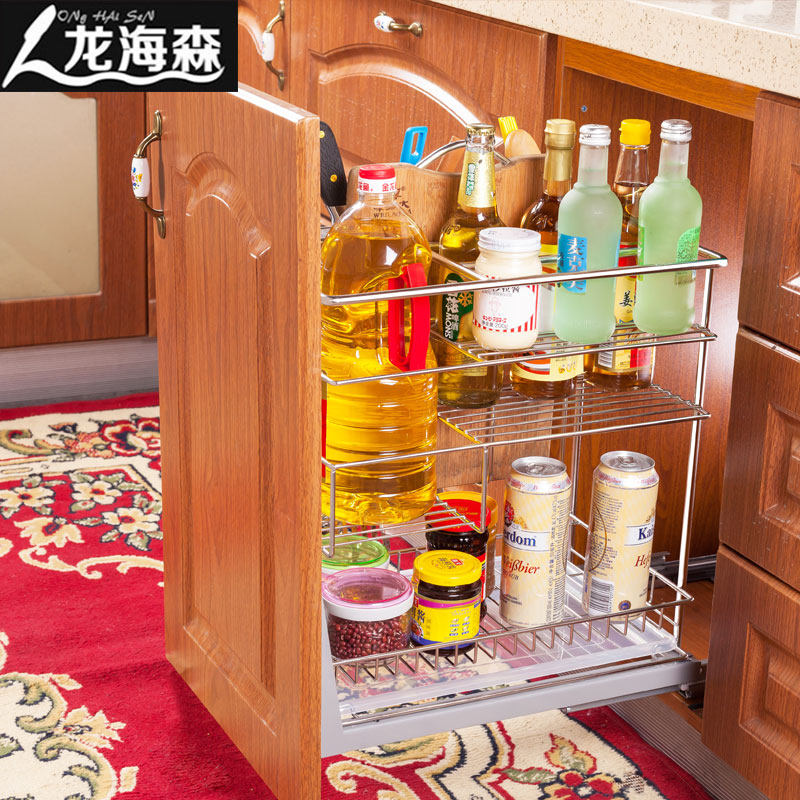 龙海森304不锈钢拉篮阻尼厨房橱柜碗架调味篮架碗碟碗篮置物架