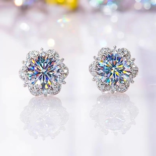 PT950铂金进口D色莫桑石冰花耳钉超闪轻奢花朵高级感耳饰不掉色潮