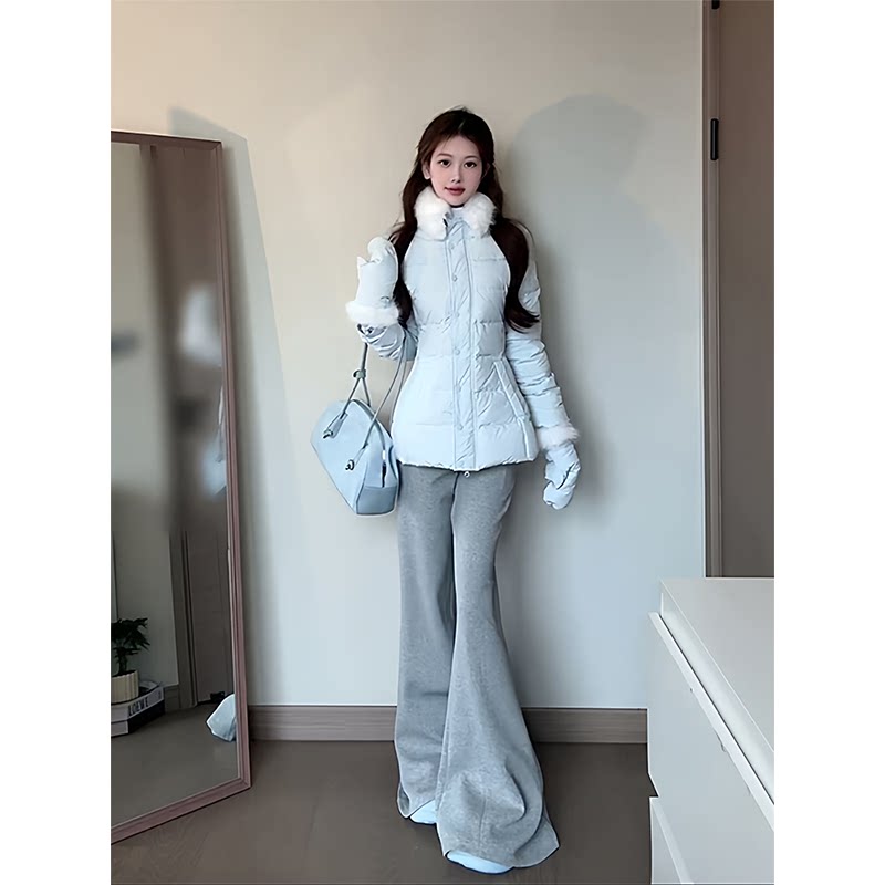 韩系温柔风蓝色毛领排骨羽绒棉服女冬季加厚防寒保暖收腰棉衣外套