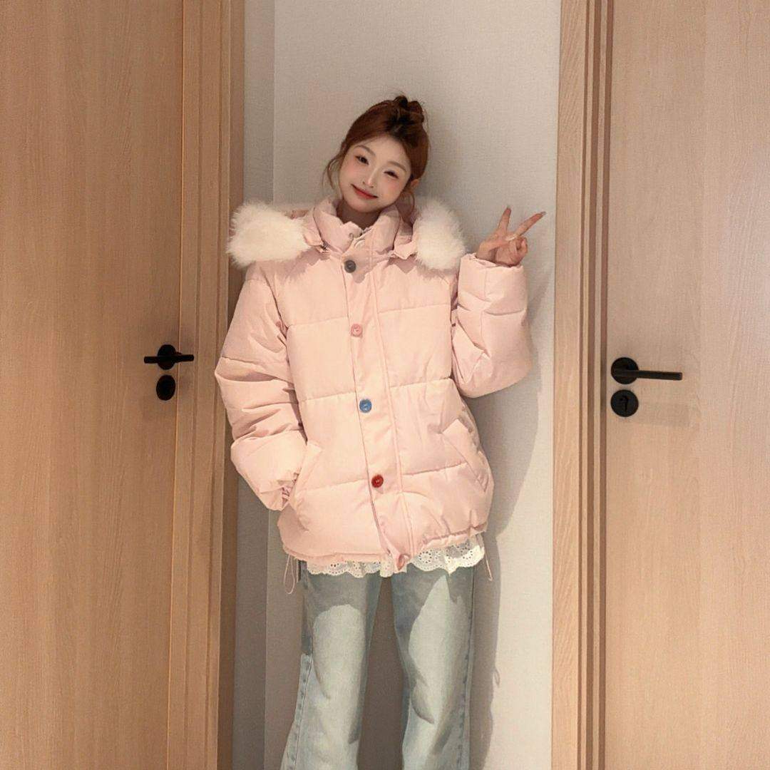 粉色大毛领彩扣韩版棉服外套女冬季2025年秋冬新款棉衣保暖面包服