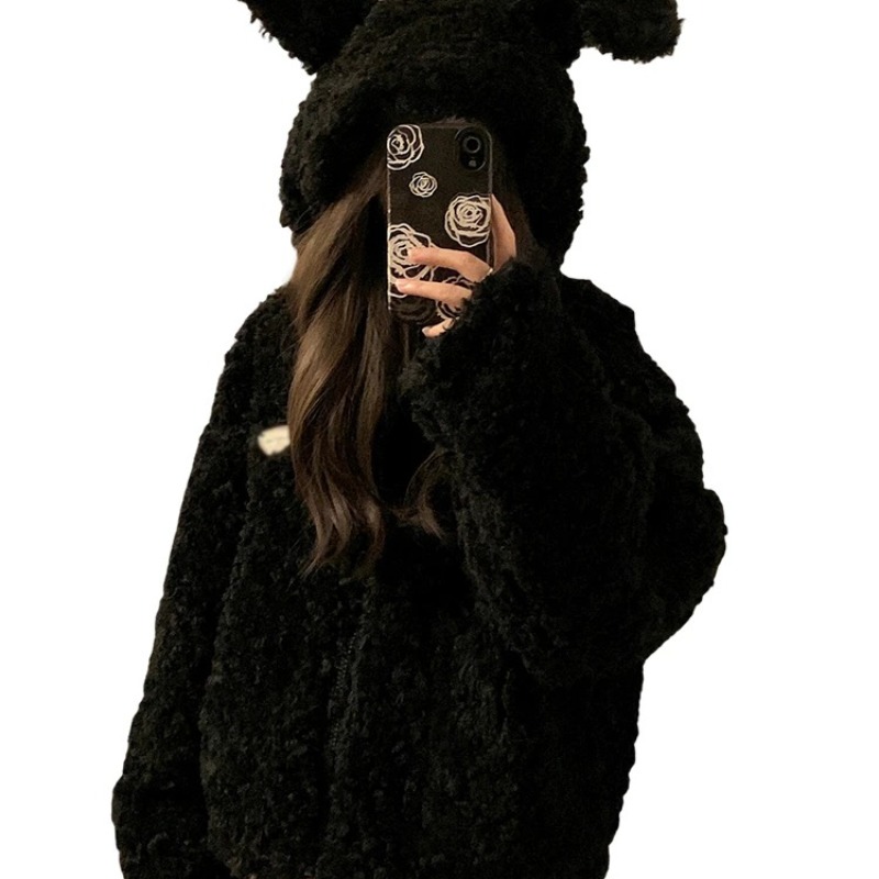 2025新款兔耳朵仿羊羔毛外套女短款修身显瘦环保毛棉服上衣学院风