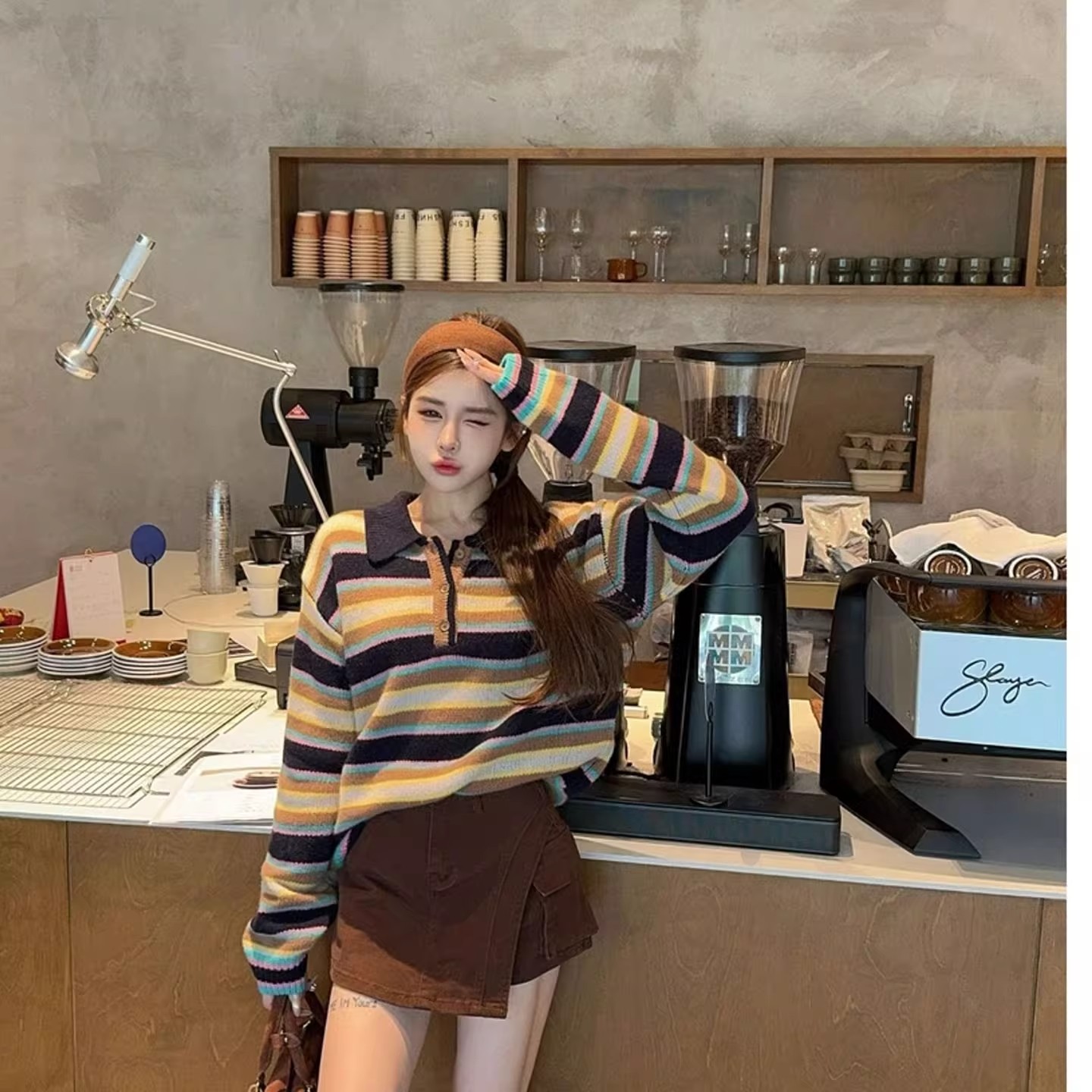 韩系复古撞色条纹polo领针织衫女秋冬慵懒高级感宽松套头毛衣上衣