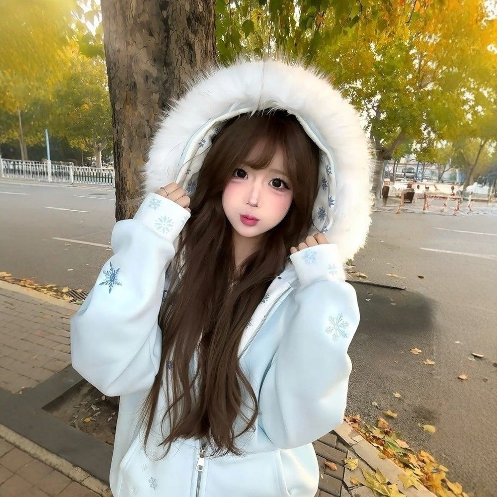 软糯风雪花刺绣连帽毛领卫衣外套女冬季加厚保暖学院风小个子上衣,女装/女士精品,短外套,淘宝优惠券,粉丝福利购,淘宝优惠卷