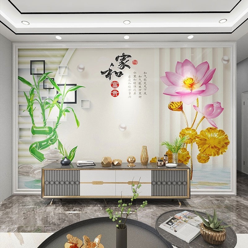 电视背景墙纸8d立体荷花壁纸现代简约客厅壁画中式大气5d影视墙布