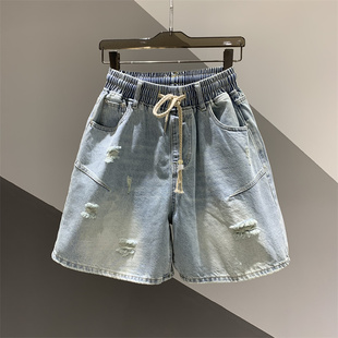 中裤 2026年夏季 女百搭宽松复古五分裤 做旧水洗磨破牛仔阔腿裤 新款