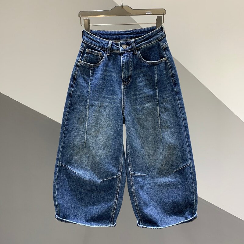 2026秋季新款复古做旧褶皱水洗牛仔弯刀裤子百搭宽松九分哈伦裤女
