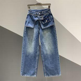 新款 拼接休闲宽松直筒拖地裤 韩版 个性 百搭复古水洗时尚 2026年春季