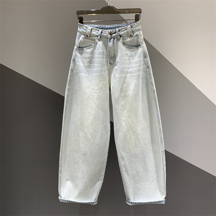 2026年春季新款复古水洗做旧牛仔弯刀裤女百搭宽松阔腿拖地裤长裤