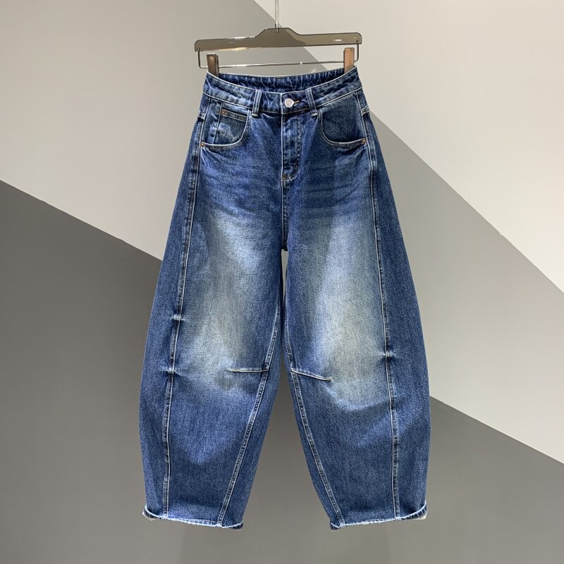2026春季新款复古时尚褶皱撞色磨白水洗牛仔宽松拖地弯刀哈伦裤女