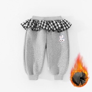 斑巴豆迪 冬季宝宝加绒加厚卫裤幼儿园女童荷叶花边外出休闲裤