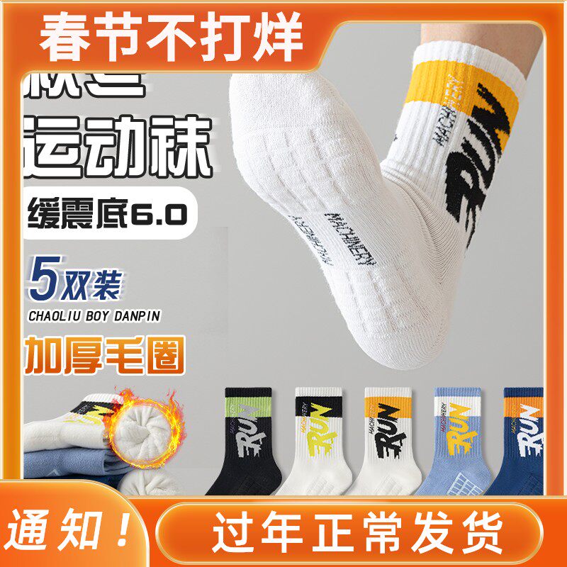 男生加厚袜子100%纯棉防臭冬款毛巾底吸汗男袜冬天保暖中筒袜男潮
