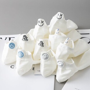 笑脸白色袜子男士 情侣短袜可爱潮流学生卡通船袜女提耳棉透气 夏季