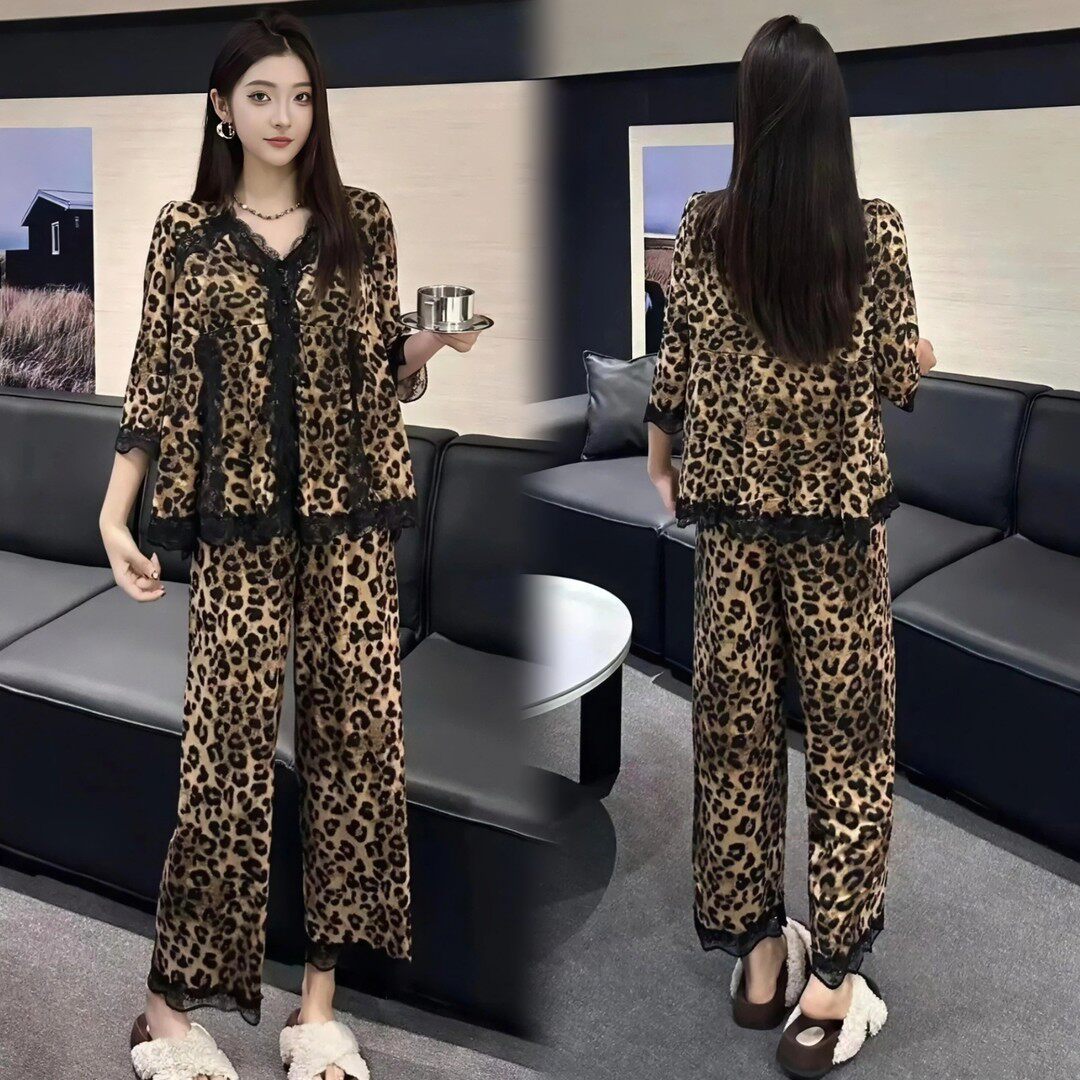 网红洋气豹纹蕾丝边带胸垫家居服宽松舒适休闲四季可穿睡衣女套装