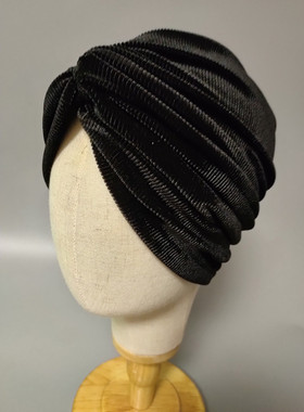 秋冬新款弹力黑色灰色丝绒褶皱包头帽 头巾帽 堆堆帽 发带式帽子