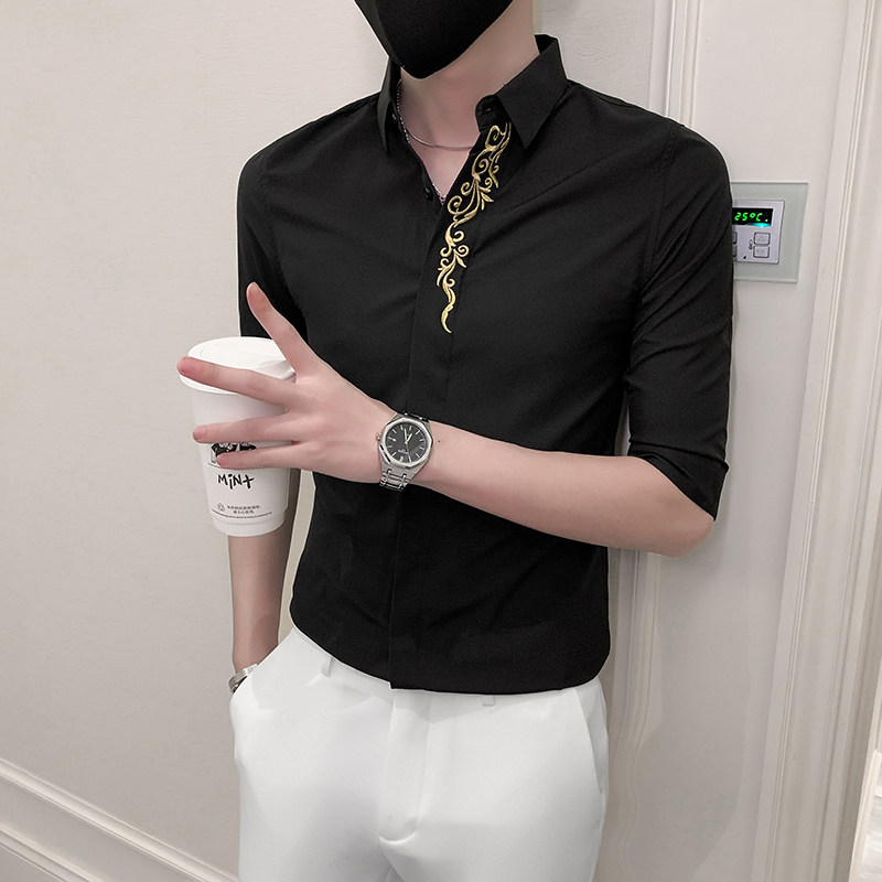 黑新款青年纯色绣花七分袖衬衫男休闲修身衬衣 301A-1/CS330/P55图片