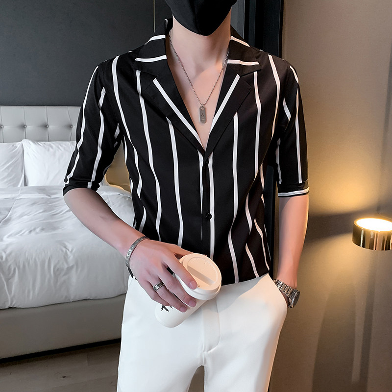 黑夏季新款男士短袖条纹衬衫男西装领休闲寸衣301A-1/CS255/P55,男装衬衫,星座301A-1