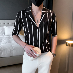 黑夏季新款男士短袖条纹衬衫男西装领休闲寸衣301A-1/CS255/P55,灰色衬衫能搭配蓝色休闲裤图片