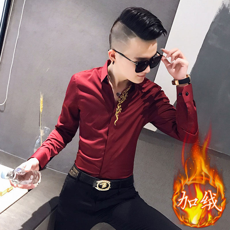 秋冬新款男士加绒刺绣长袖衬衫社会小伙衬衣301A-1/CS58/加绒P65图片